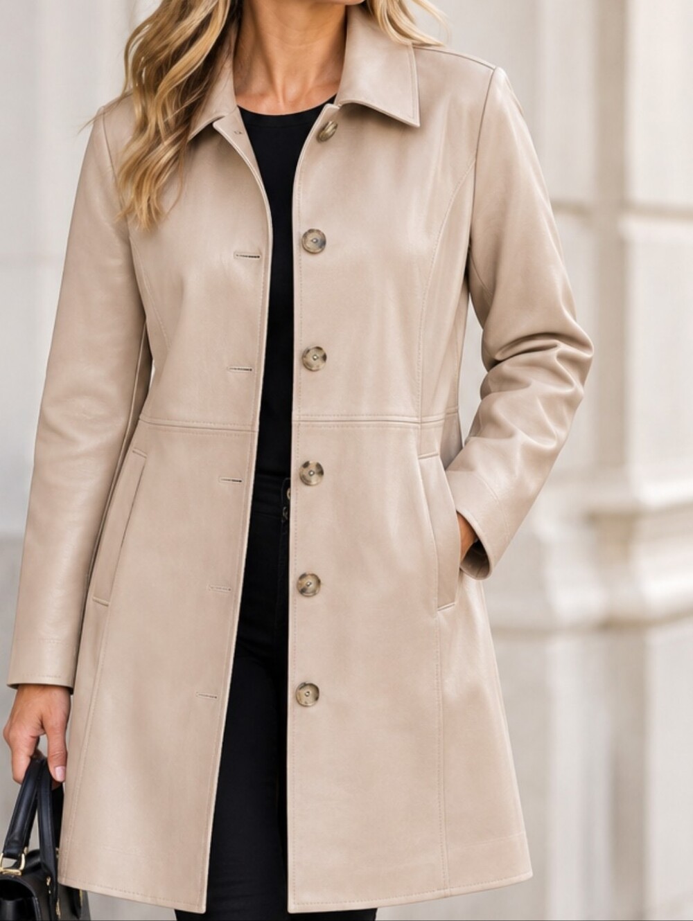 Tahari Light Beige Single-Breasted Trench Coat, Faux Leather.